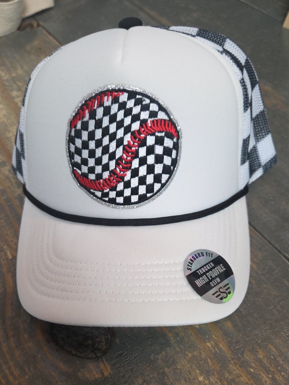 White Checkered Baseball Patch Trucker Hat with Red Accent